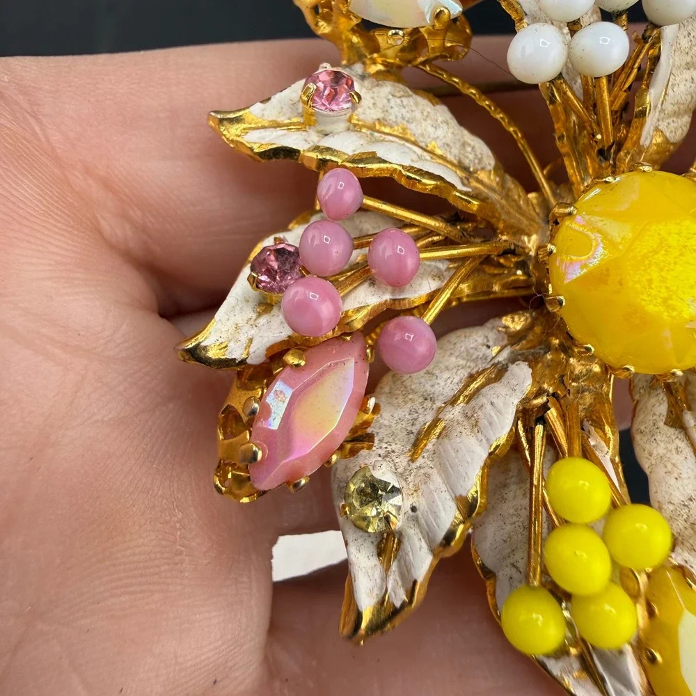 Vintage Rhinestone Flower Brooch Multicolor Enamel Gold Tone